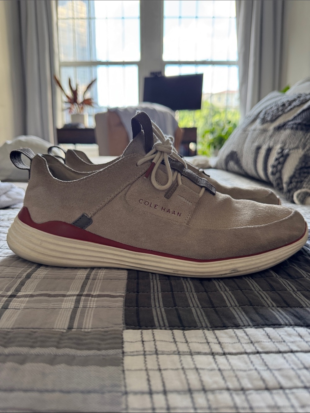 Cole Haan Men’s Taupe Suede Sneakers with Red Accent